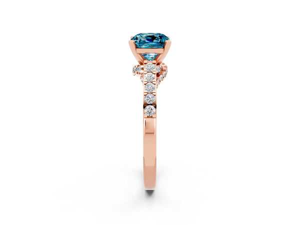 Rose gold Cushion Cut Blue Topaz Solitaire Ring with Crossover Gallery and Round  Pavé Band