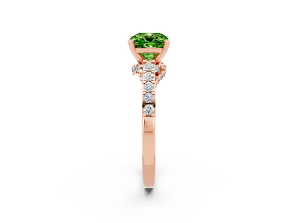 Rose gold Cushion Cut Peridot Solitaire Ring with Crossover Gallery and Round  Pavé Band