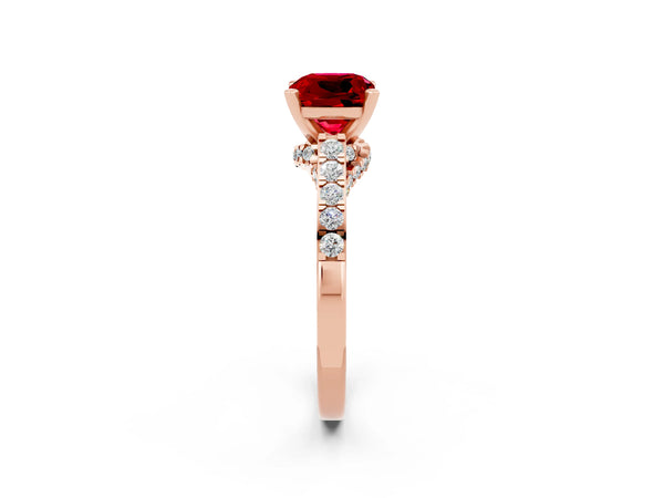 Rose gold Cushion Cut Ruby Solitaire Ring with Crossover Gallery and Round  Pavé Band