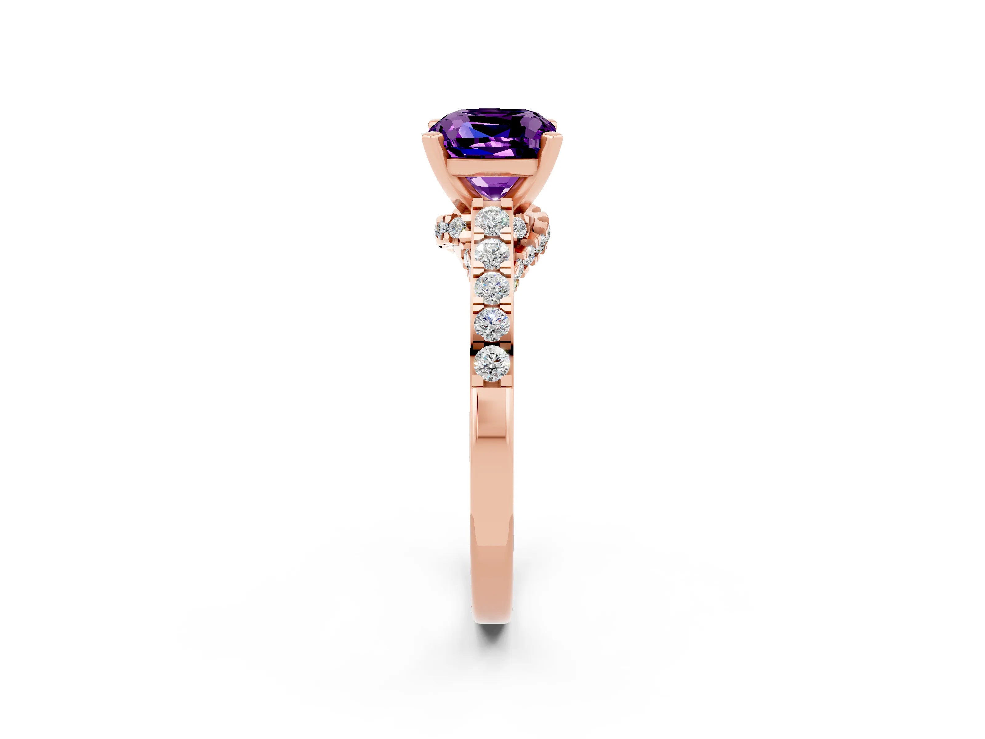 Rose gold Cushion Cut Diamond Solitaire Ring with Pavé Band and Prong Setting_2
