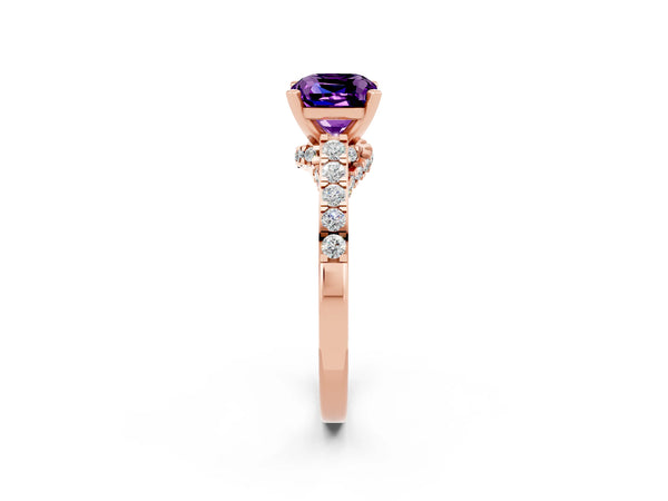 Rose gold Cushion Cut Amethyst Solitaire Ring with Crossover Gallery and Round  Pavé Band