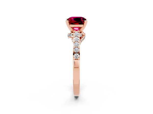 Rose gold Cushion Cut Garnet Solitaire Ring with Crossover Gallery and Round  Pavé Band