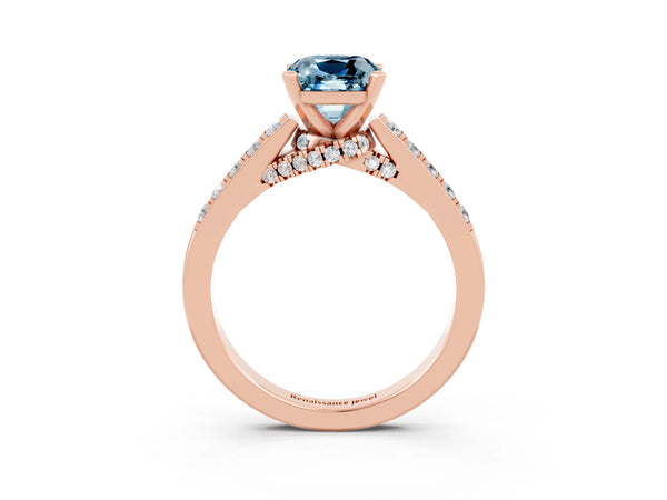 Rose gold Cushion Cut Aquamarine Solitaire Ring with Crossover Gallery and Round  Pavé Band