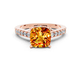 Rose gold Cushion Cut Diamond Solitaire Ring with Pavé Band and Prong Setting