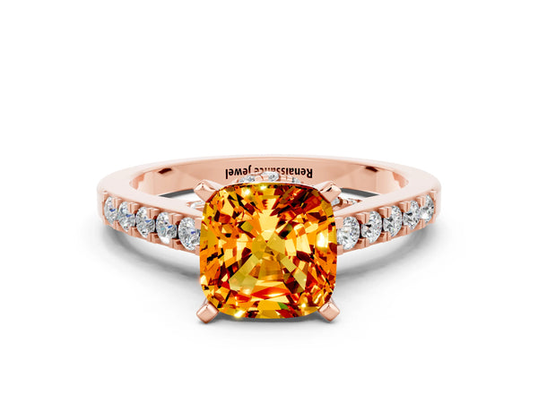 Rose gold Cushion Cut Citrine Solitaire Ring with Crossover Gallery and Round  Pavé Band