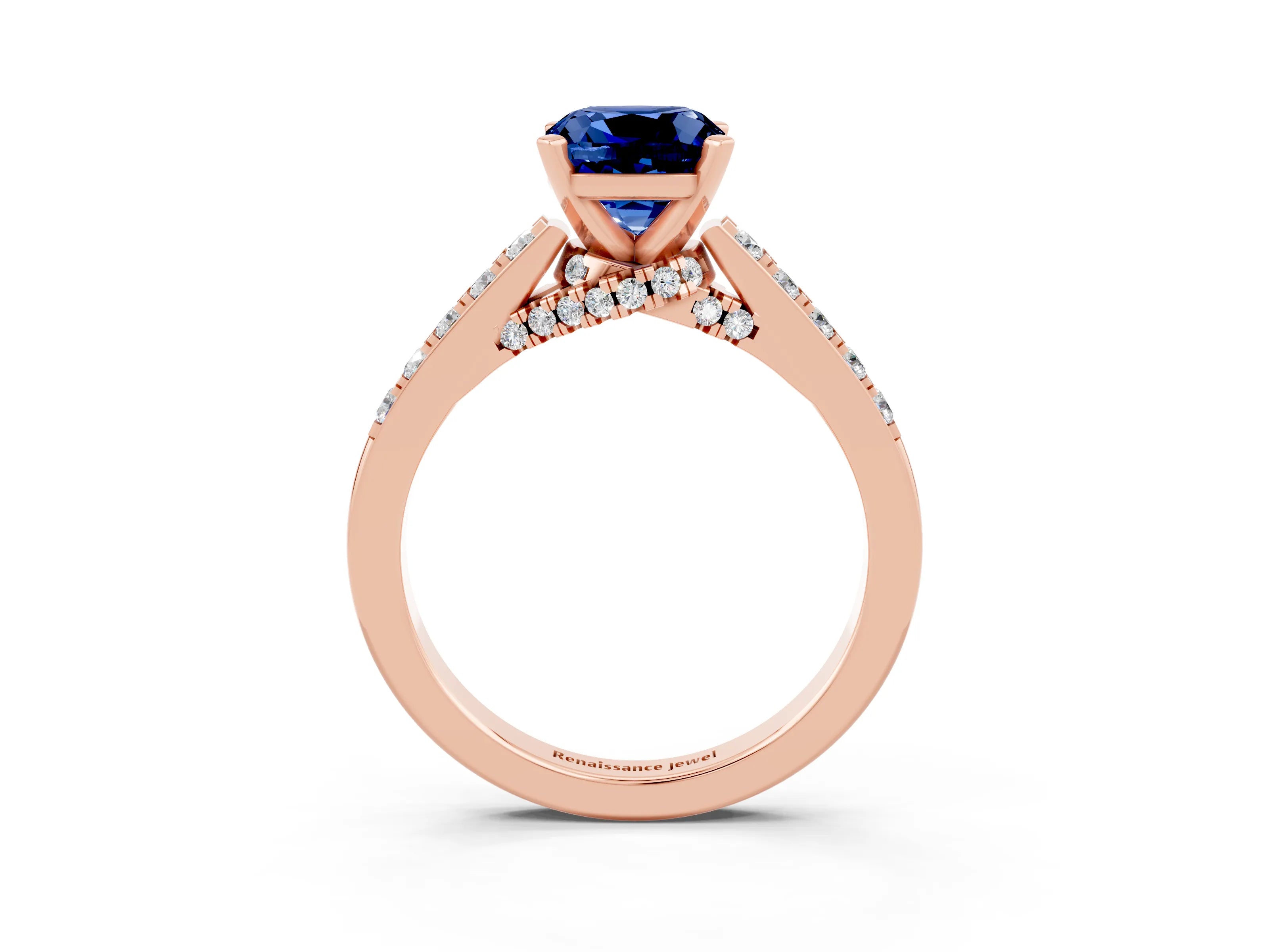 Rose gold Cushion Cut Diamond Solitaire Ring with Pavé Band and Prong Setting_3