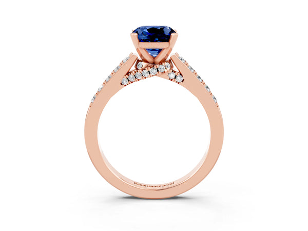 Rose gold Cushion Cut Blue Sapphire Solitaire Ring with Crossover Gallery and Round  Pavé Band