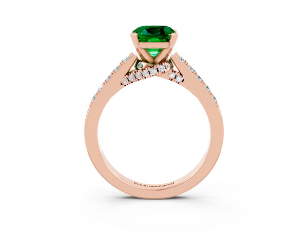 Rose gold Cushion Cut Emerald Solitaire Ring with Crossover Gallery and Round  Pavé Band
