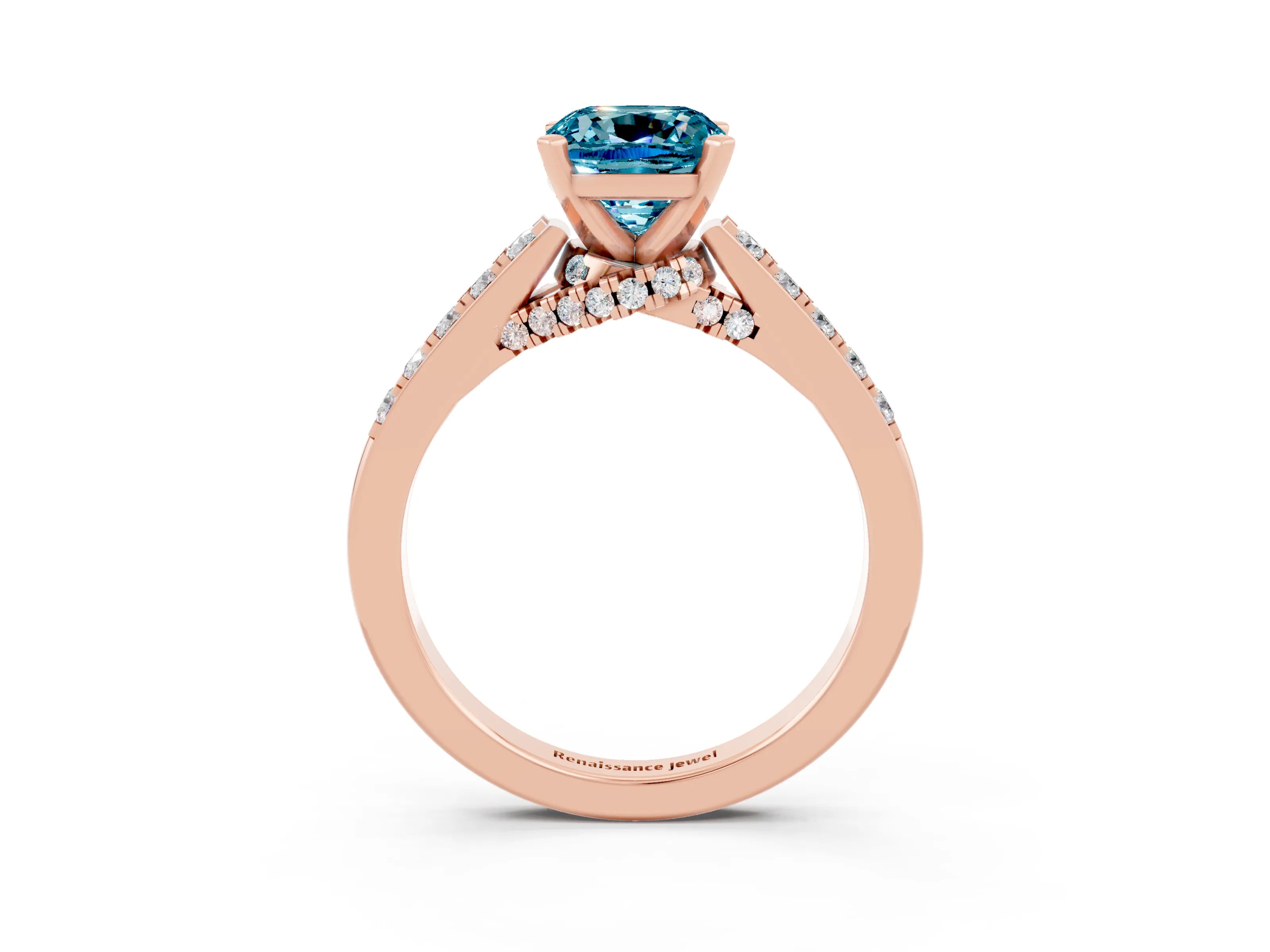 Rose gold Cushion Cut Diamond Solitaire Ring with Pavé Band and Prong Setting_3