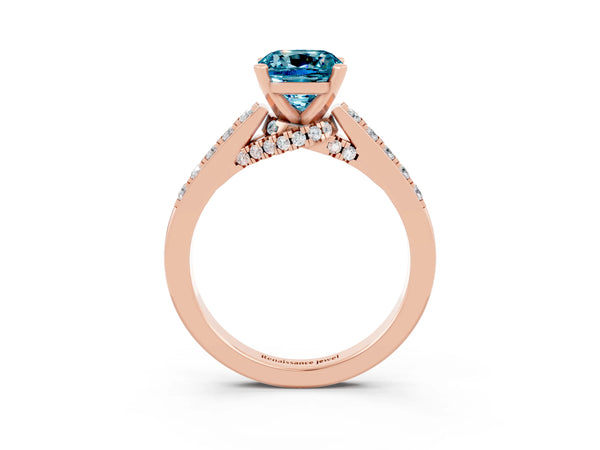 Rose gold Cushion Cut Blue Topaz Solitaire Ring with Crossover Gallery and Round  Pavé Band