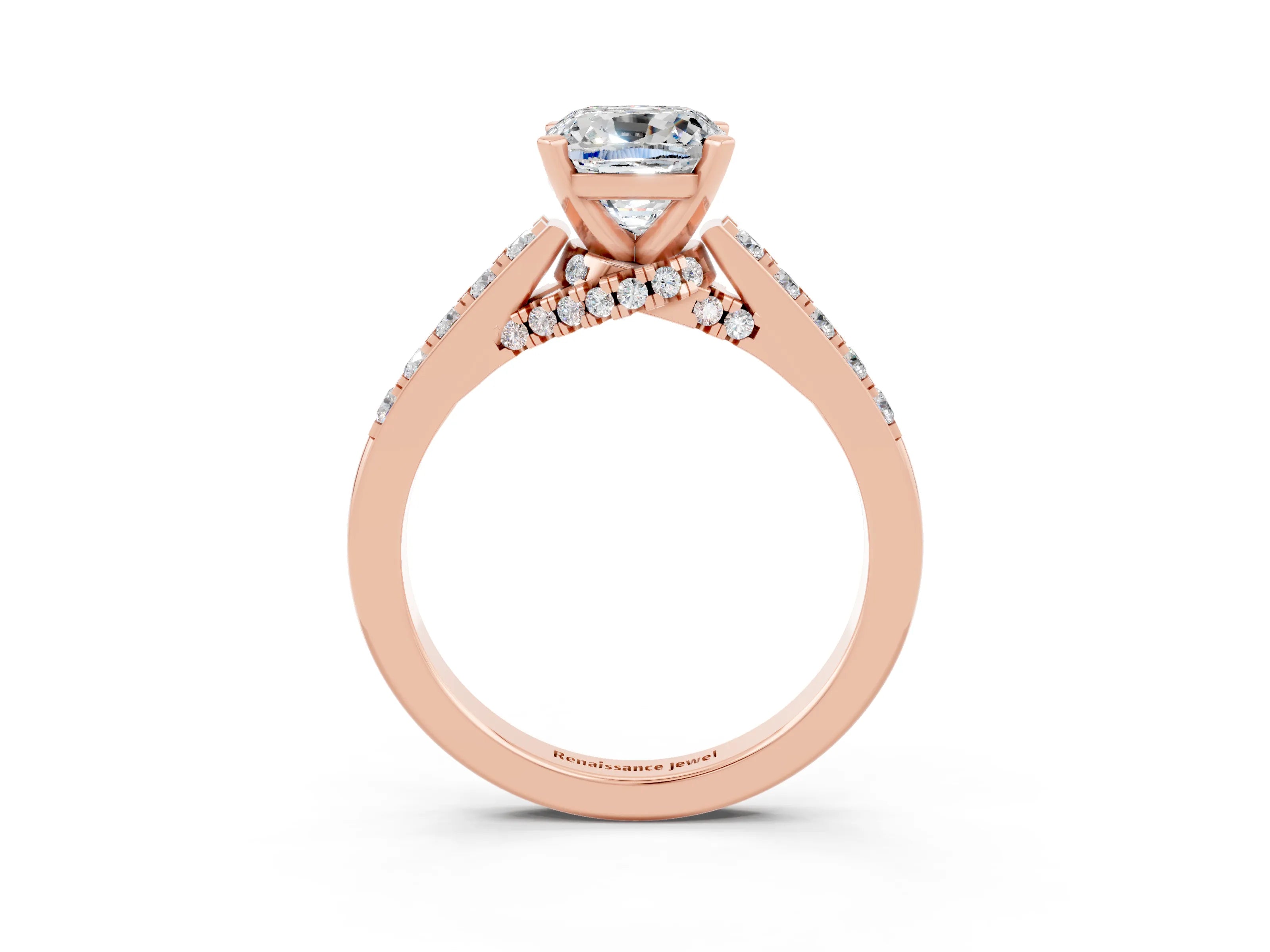 Rose gold Cushion Cut Diamond Solitaire Ring with Pavé Band and Prong Setting_3