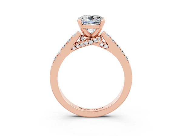 Rose gold Cushion Cut Moissanite Solitaire Ring with Crossover Gallery and Round  Pavé Band