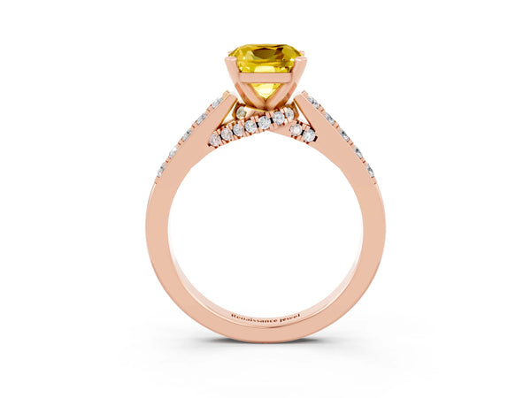 Rose gold Cushion Cut Yellow Sapphire Solitaire Ring with Crossover Gallery and Round  Pavé Band
