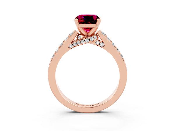 Rose gold Cushion Cut Garnet Solitaire Ring with Crossover Gallery and Round  Pavé Band