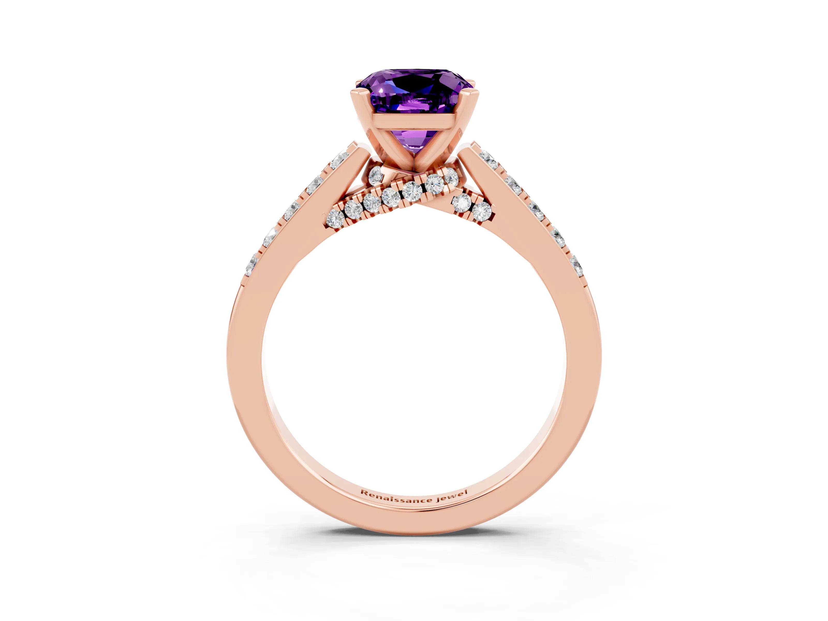 Rose gold Cushion Cut Diamond Solitaire Ring with Pavé Band and Prong Setting_3