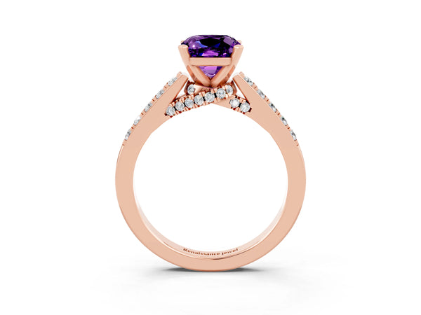 Rose gold Cushion Cut Amethyst Solitaire Ring with Crossover Gallery and Round  Pavé Band