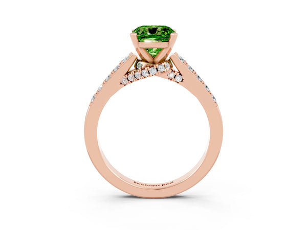 Rose gold Cushion Cut Peridot Solitaire Ring with Crossover Gallery and Round  Pavé Band