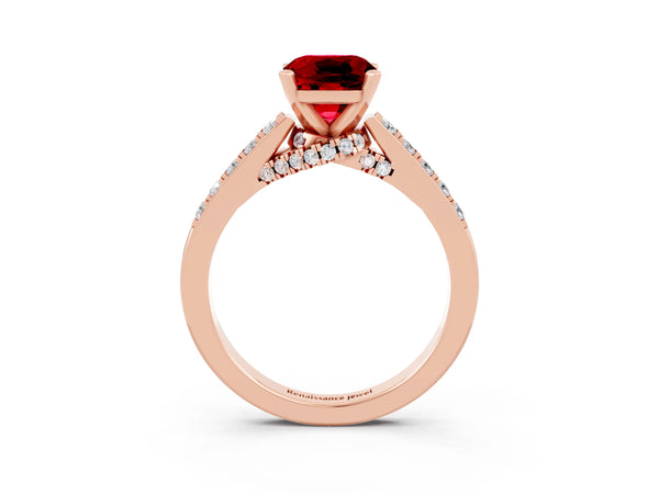 Rose gold Cushion Cut Ruby Solitaire Ring with Crossover Gallery and Round  Pavé Band