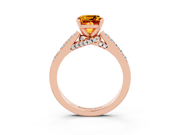 Rose gold Cushion Cut Citrine Solitaire Ring with Crossover Gallery and Round  Pavé Band