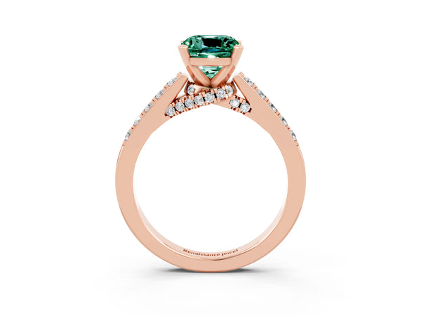 Rose gold Cushion Cut Green Sapphire Solitaire Ring with Crossover Gallery and Round  Pavé Band