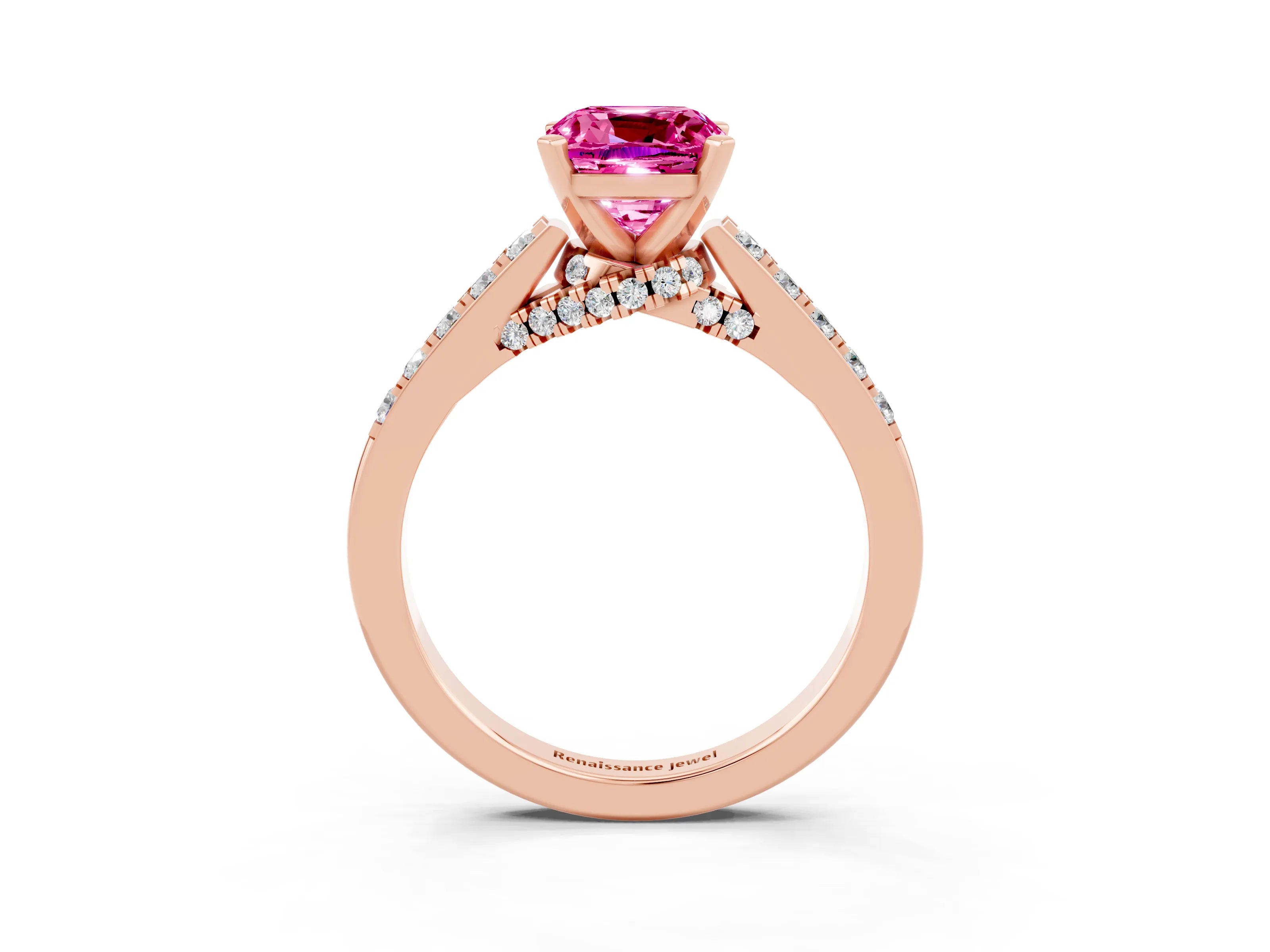 Rose gold Cushion Cut Diamond Solitaire Ring with Pavé Band and Prong Setting_3