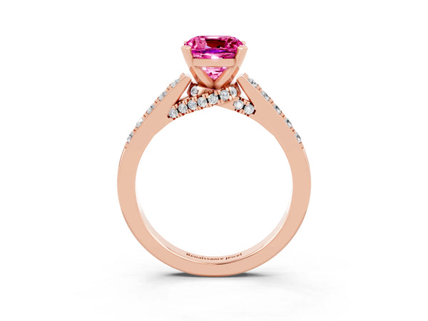 Rose gold Cushion Cut Pink Sapphire Solitaire Ring with Crossover Gallery and Round  Pavé Band
