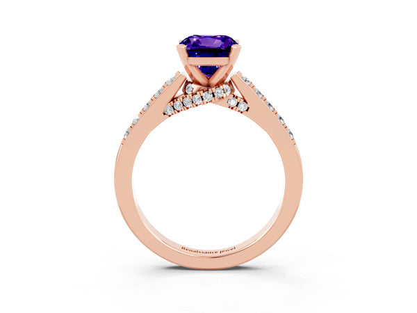 Rose gold Cushion Cut Tanzanite Solitaire Ring with Crossover Gallery and Round  Pavé Band