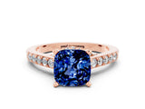 Rose gold Cushion Cut Diamond Solitaire Ring with Pavé Band and Prong Setting