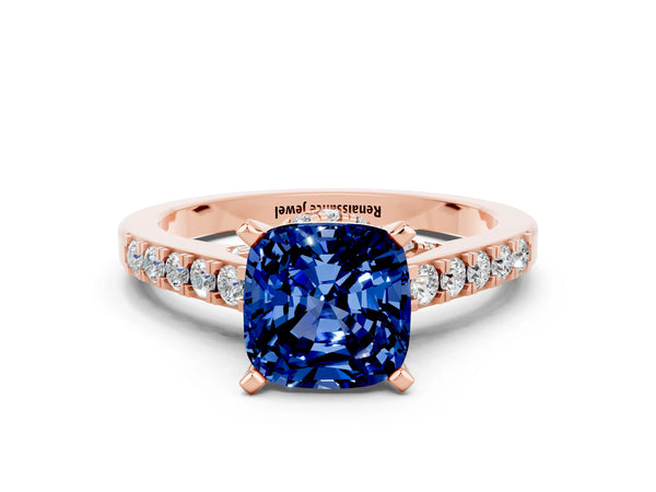 Rose gold Cushion Cut Blue Sapphire Solitaire Ring with Crossover Gallery and Round  Pavé Band