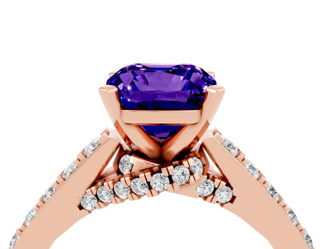 Rose gold Cushion Cut Diamond Solitaire Ring with Pavé Band and Prong Setting_4