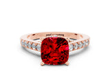 Rose gold Cushion Cut Diamond Solitaire Ring with Pavé Band and Prong Setting