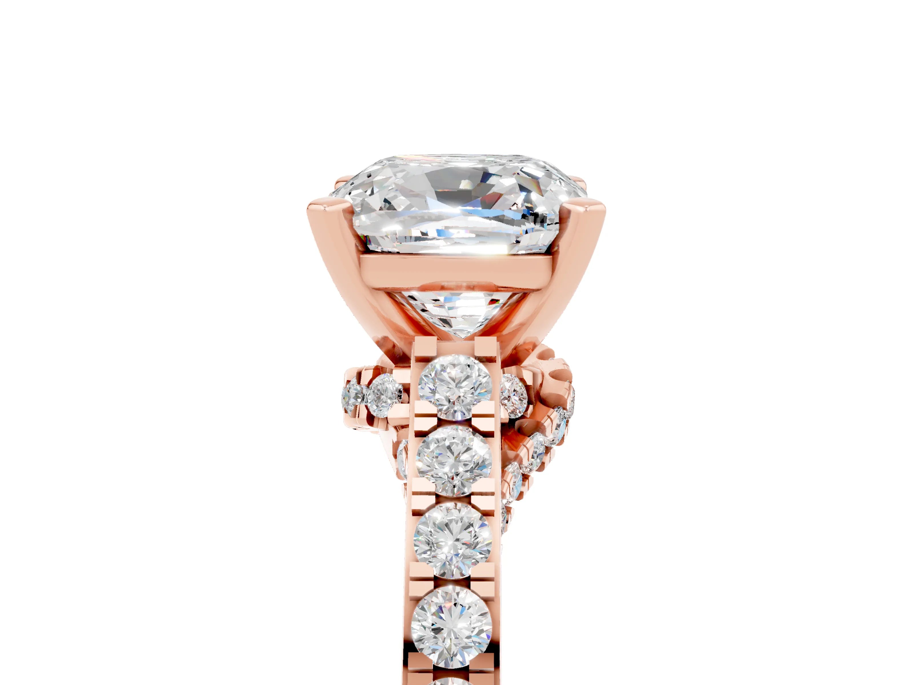 Rose gold Cushion Cut Diamond Solitaire Ring with Pavé Band and Prong Setting_5