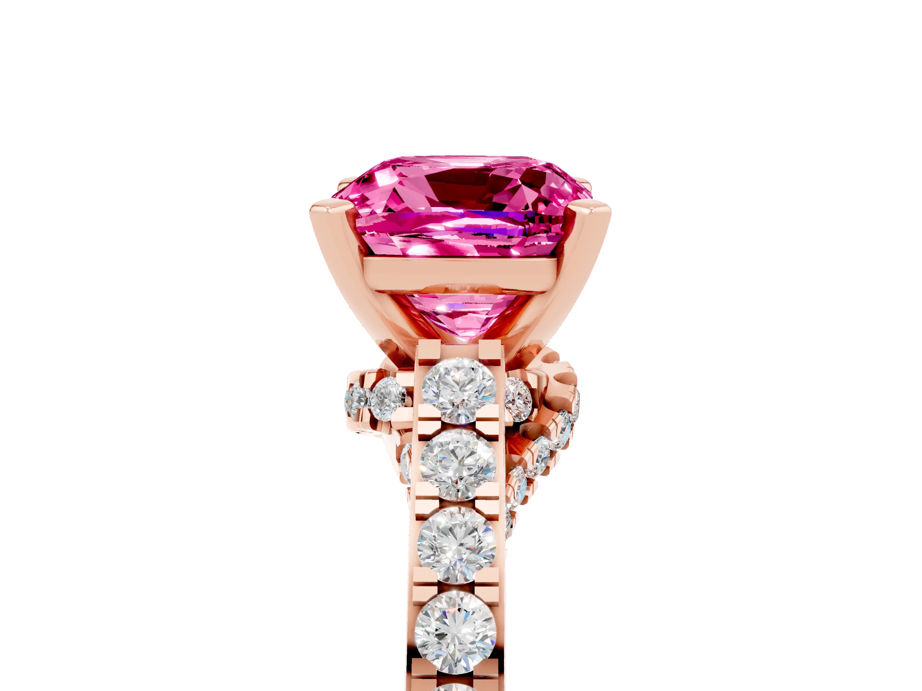 Rose gold Cushion Cut Diamond Solitaire Ring with Pavé Band and Prong Setting_5