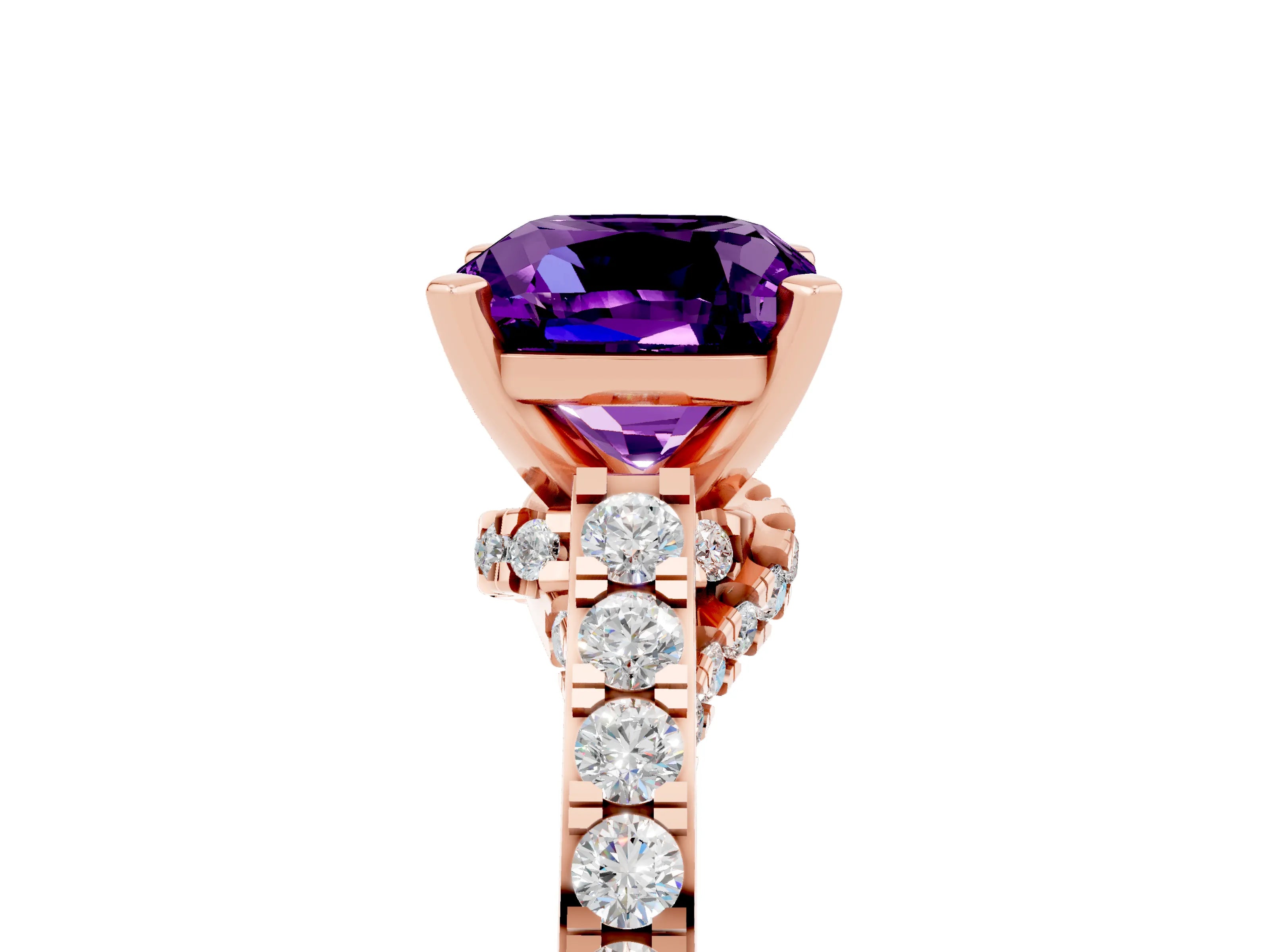 Rose gold Cushion Cut Diamond Solitaire Ring with Pavé Band and Prong Setting_5