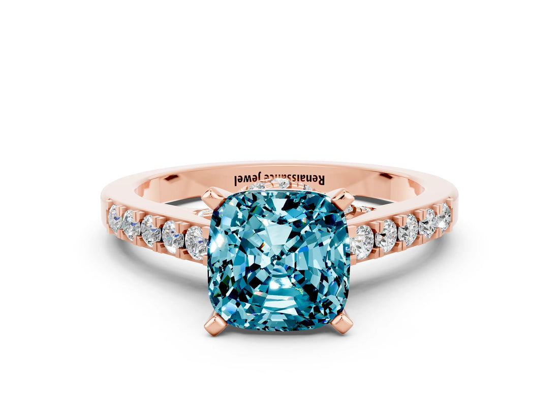 Rose gold Cushion Cut Diamond Solitaire Ring with Pavé Band and Prong Setting