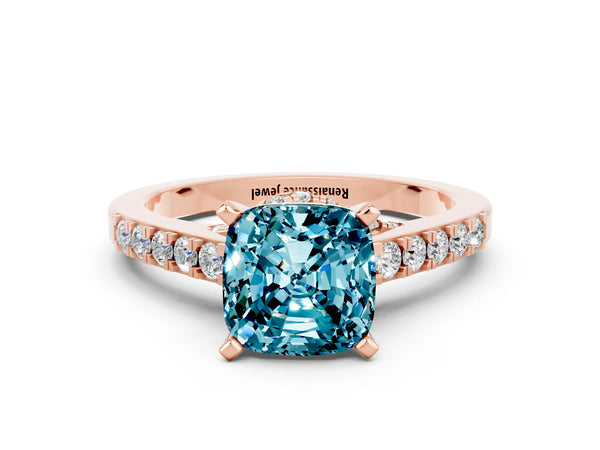 Rose gold Cushion Cut Blue Topaz Solitaire Ring with Crossover Gallery and Round  Pavé Band