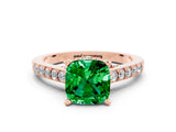 Rose gold Cushion Cut Diamond Solitaire Ring with Pavé Band and Prong Setting