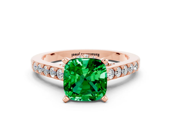 Rose gold Cushion Cut Emerald Solitaire Ring with Crossover Gallery and Round  Pavé Band
