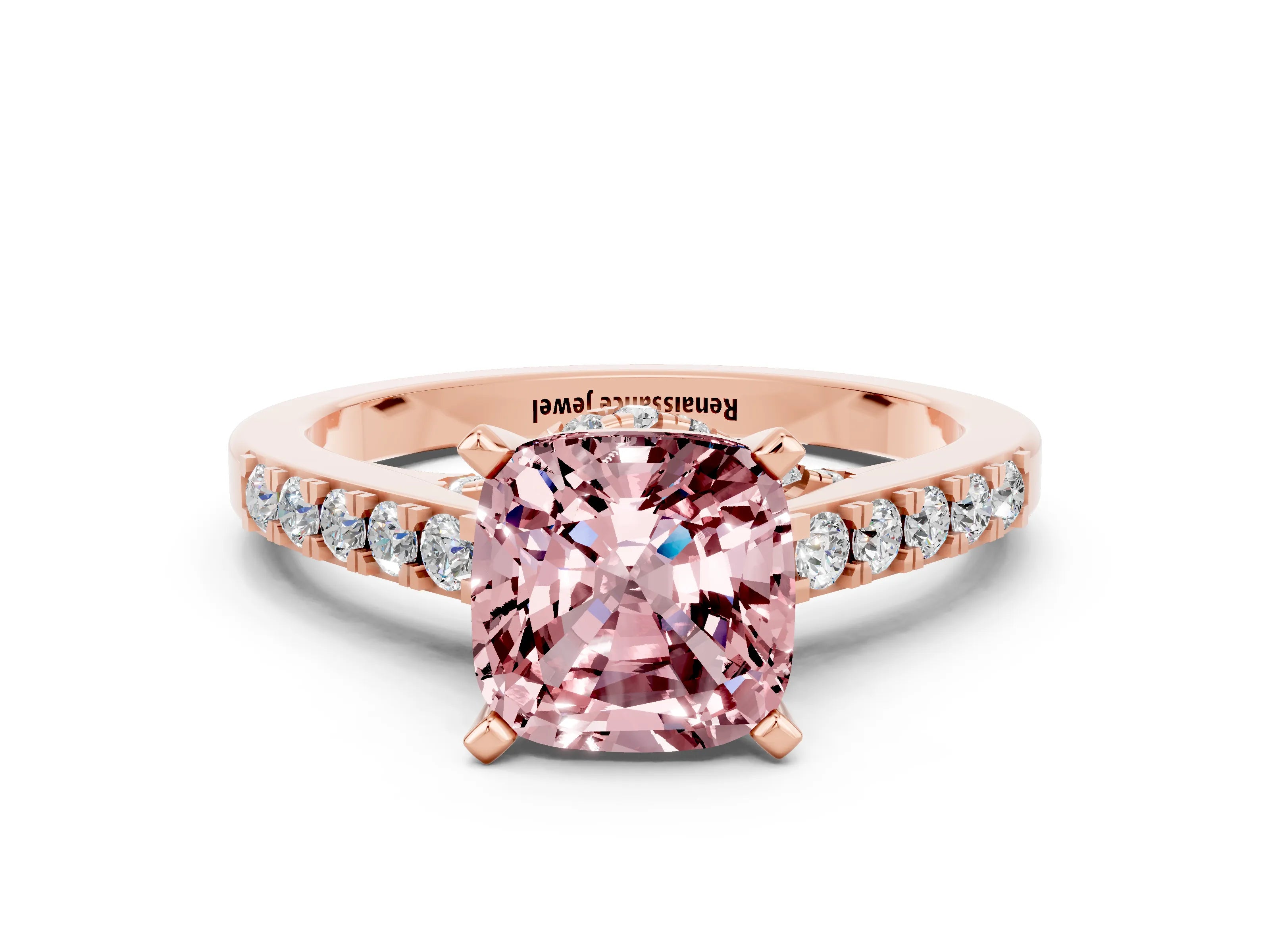 Rose gold Cushion Cut Diamond Solitaire Ring with Pavé Band and Prong Setting