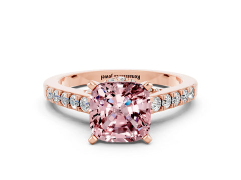 Rose gold Cushion Cut Diamond Solitaire Ring with Pavé Band and Prong Setting