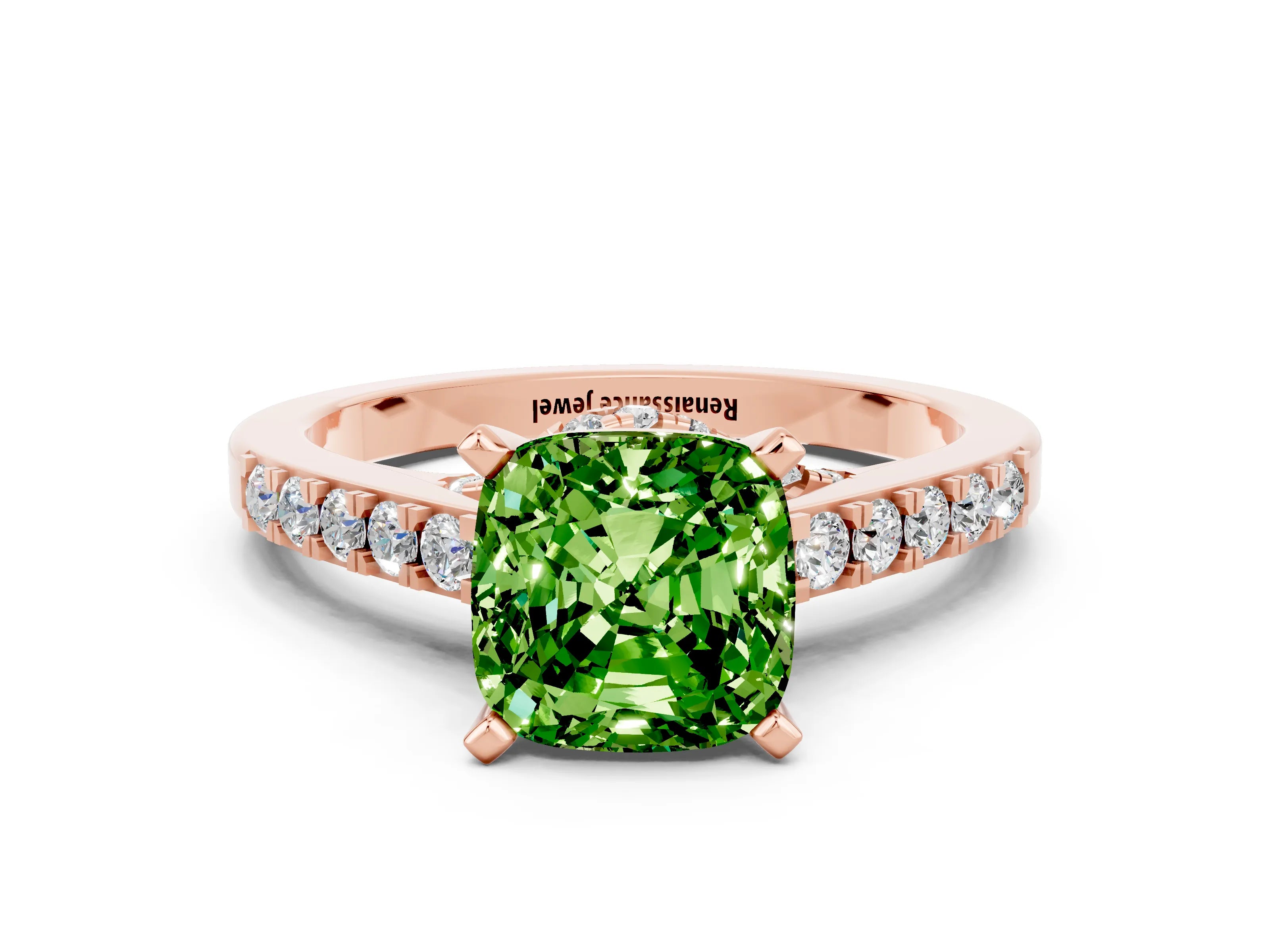 Rose gold Cushion Cut Diamond Solitaire Ring with Pavé Band and Prong Setting