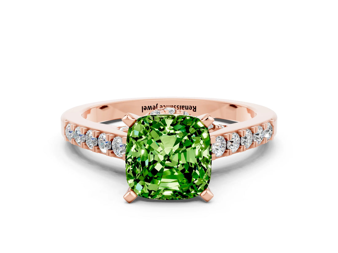Rose gold Cushion Cut Diamond Solitaire Ring with Pavé Band and Prong Setting