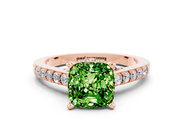 Rose gold Cushion Cut Peridot Solitaire Ring with Crossover Gallery and Round  Pavé Band