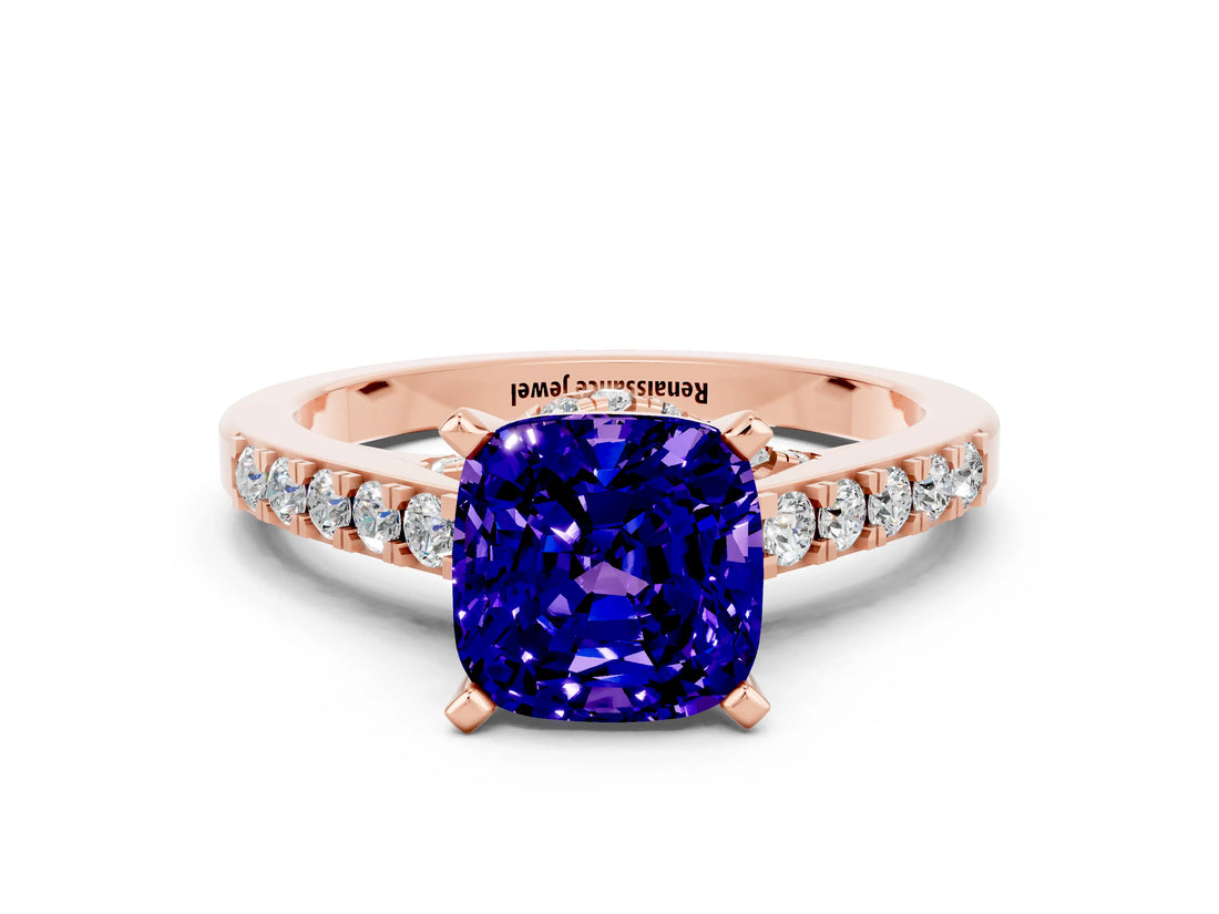 Rose gold Cushion Cut Diamond Solitaire Ring with Pavé Band and Prong Setting