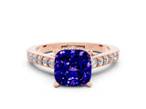 Rose gold Cushion Cut Diamond Solitaire Ring with Pavé Band and Prong Setting