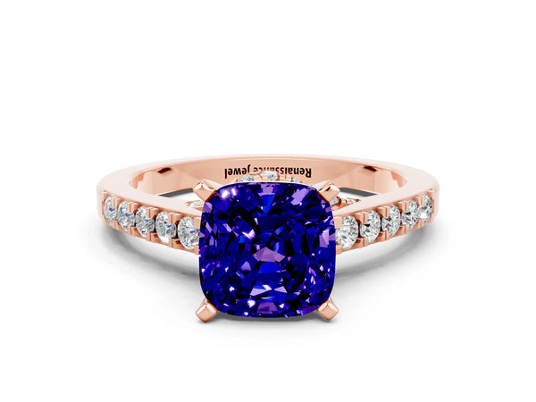 Rose gold Cushion Cut Tanzanite Solitaire Ring with Crossover Gallery and Round  Pavé Band