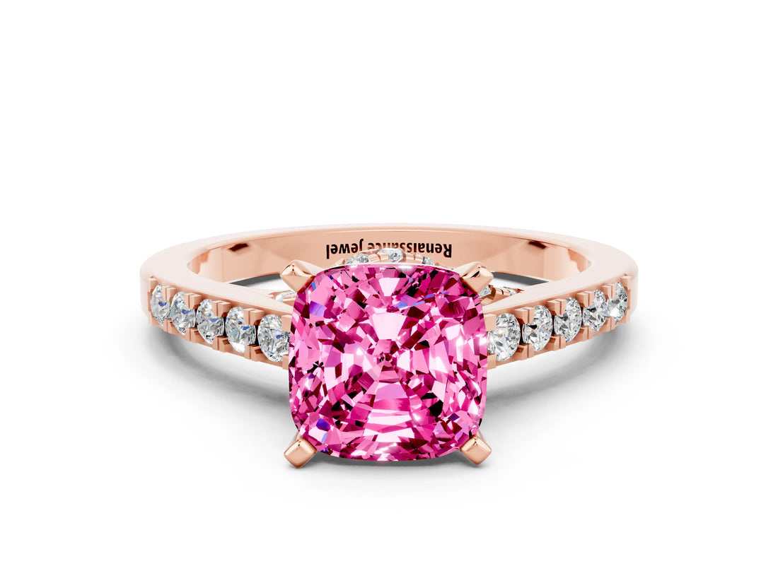 Rose gold Cushion Cut Diamond Solitaire Ring with Pavé Band and Prong Setting