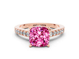 Rose gold Cushion Cut Diamond Solitaire Ring with Pavé Band and Prong Setting