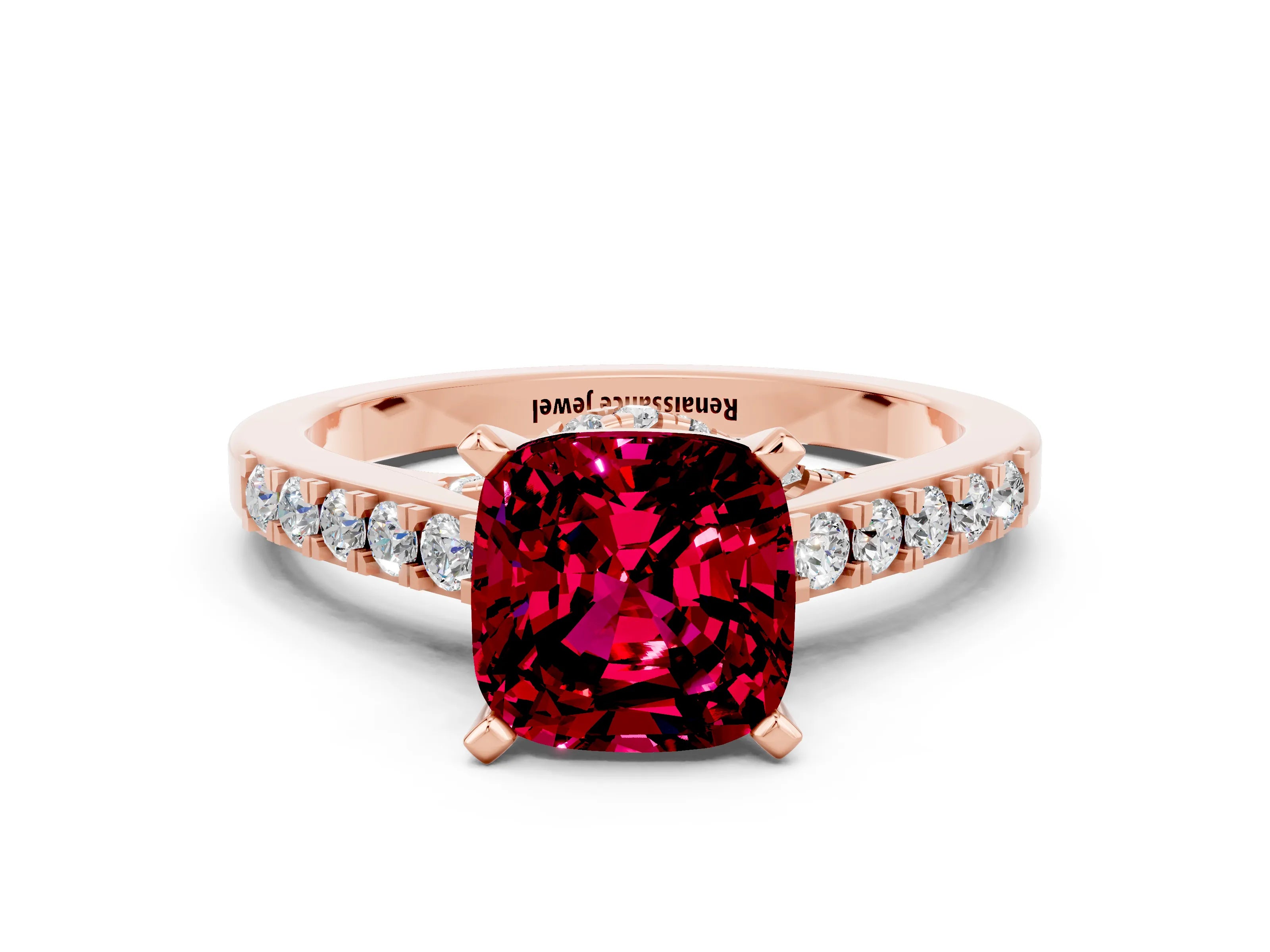 Rose gold Cushion Cut Diamond Solitaire Ring with Pavé Band and Prong Setting