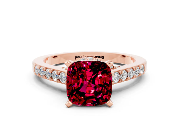 Rose gold Cushion Cut Garnet Solitaire Ring with Crossover Gallery and Round  Pavé Band
